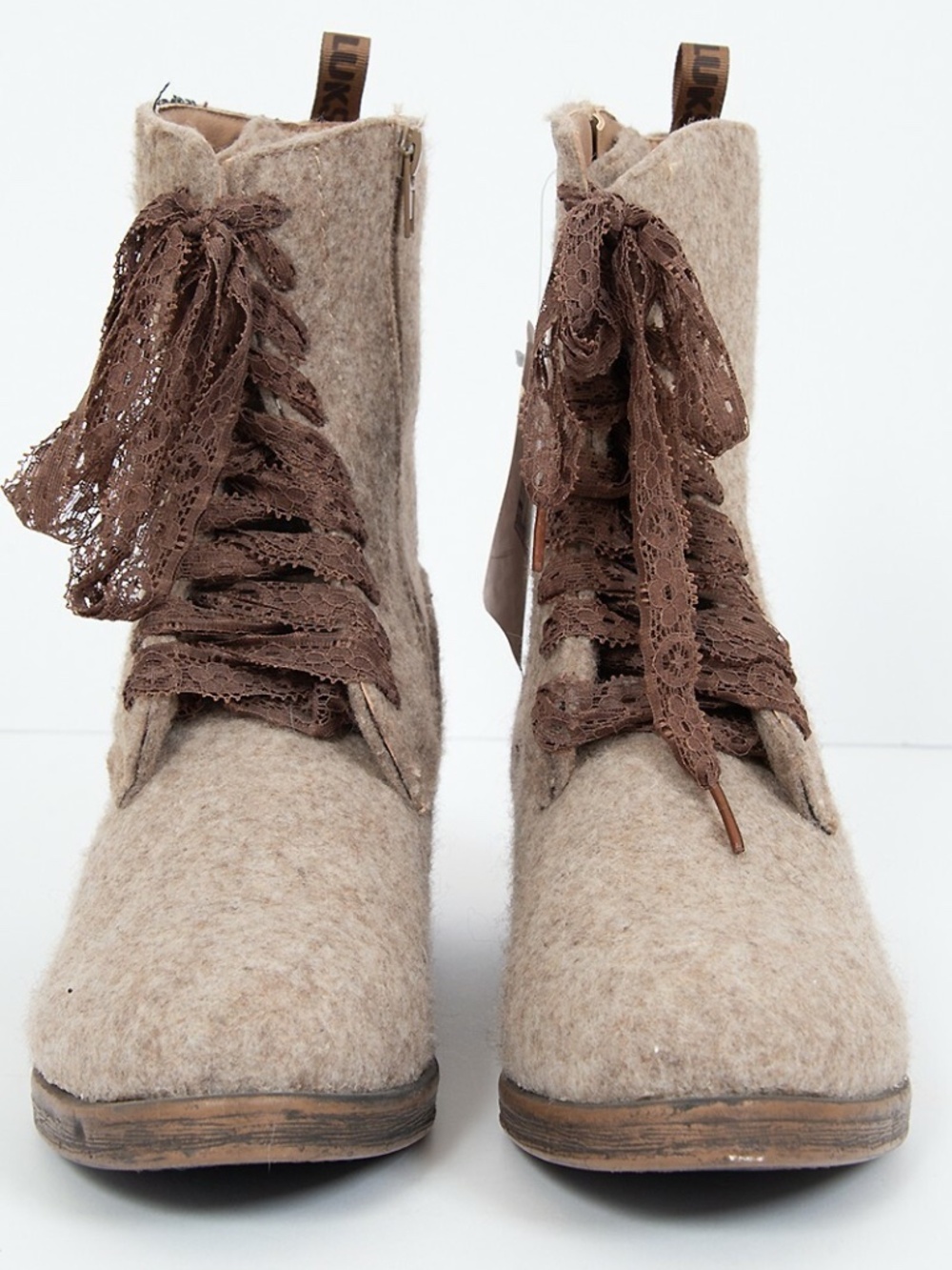 whimsical / romantic earthy mukluk brown felt boho combat boots with lacey laces
